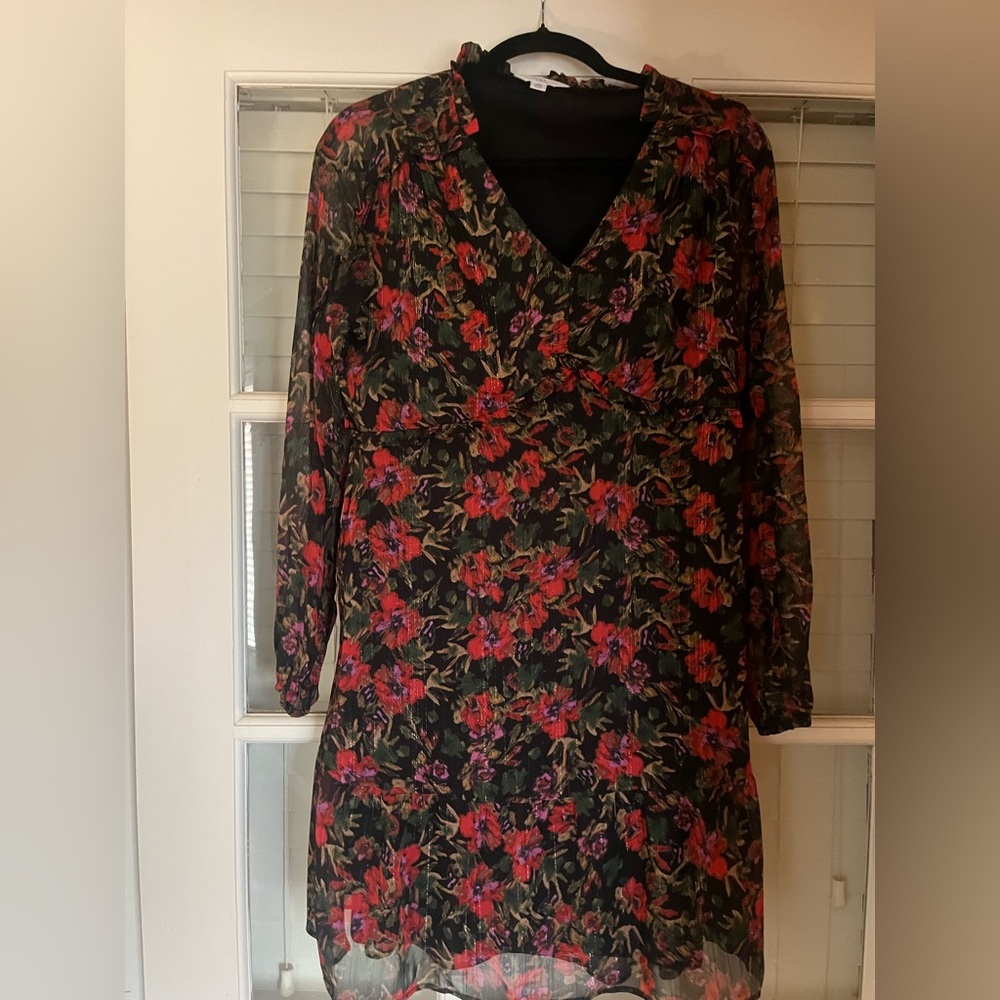 Floral V-Neck Long Sleeve Women's Dress - Black with Red & Pink Floral